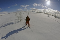 Langrends skitur når det er bedst - flot landskab og godt vejr. Højfjeldet er populært blandt langrends-skifolket. Ulla Lund nyder turen - her i den dybe sne-ved Bitihorn.